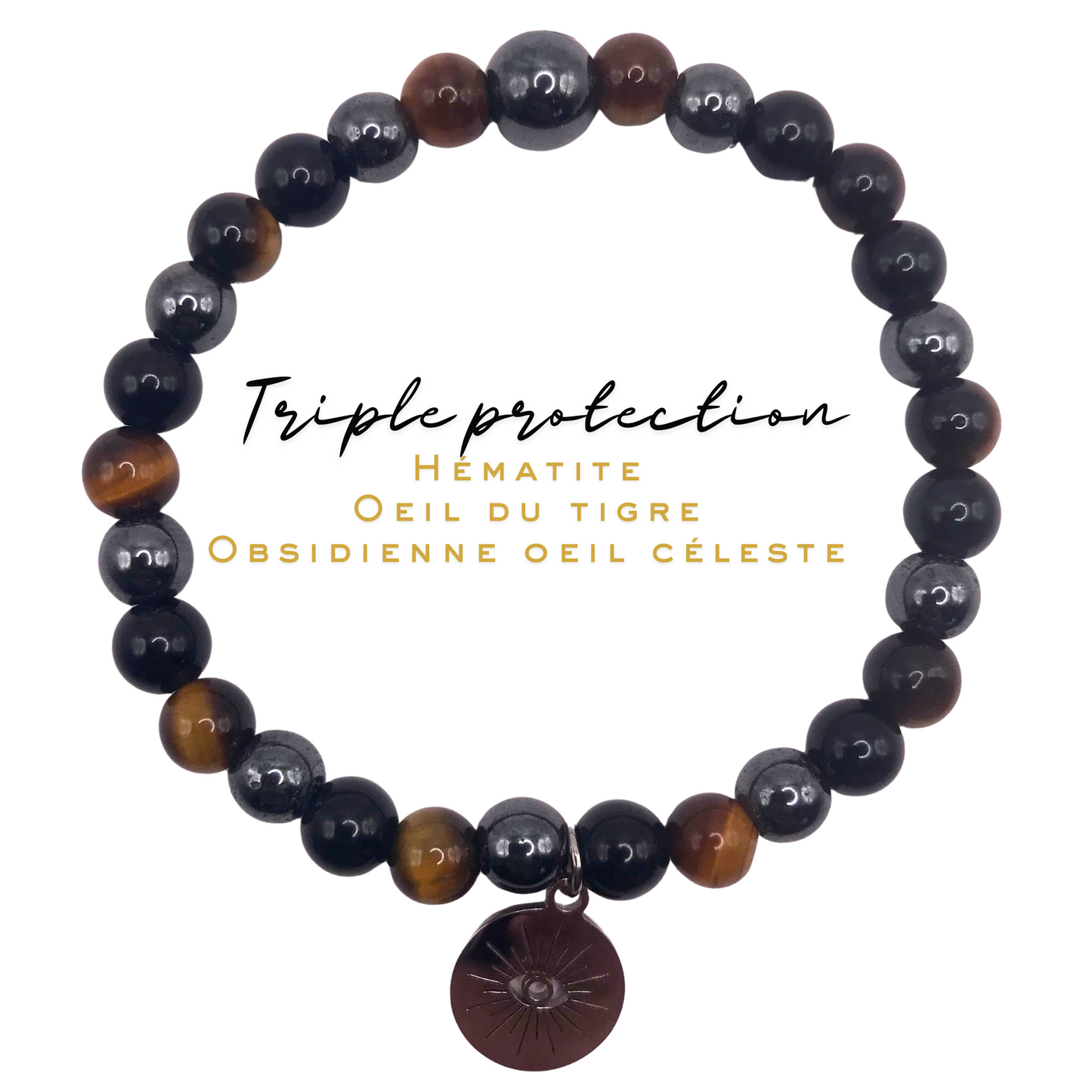 Bracelet sur mesure_Hématite, Oeil du tigre, Obsidienne oeil céleste_Triple protection mauvais oeil_Collection "MICHAËL"