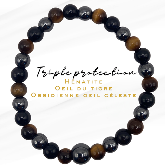 Bracelet sur mesure_Hématite, Oeil du tigre, Obsidienne oeil céleste_Triple protection_Collection "MICHAËL"