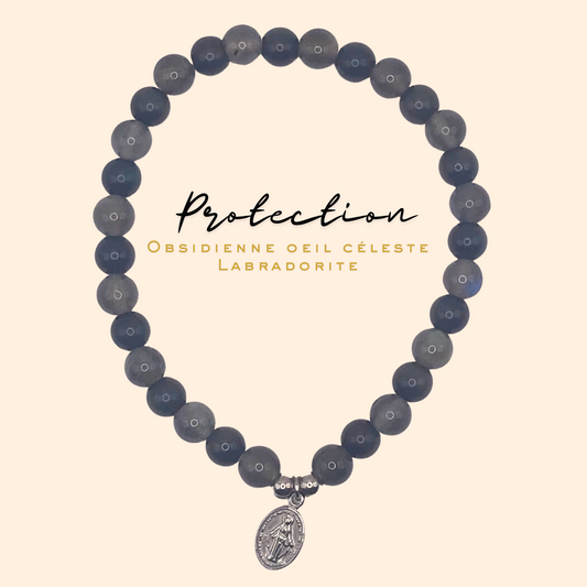 Bracelet sur mesure_Labradorite & Obsidienne oeil céleste_Protection_Collection "MICHAËL"
