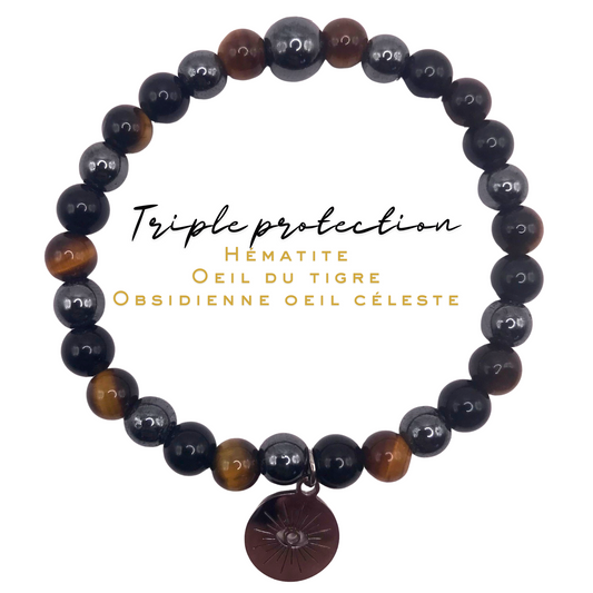 Bracelet sur mesure_Hématite, Oeil du tigre, Obsidienne oeil céleste_Triple protection mauvais oeil_Collection "MICHAËL"